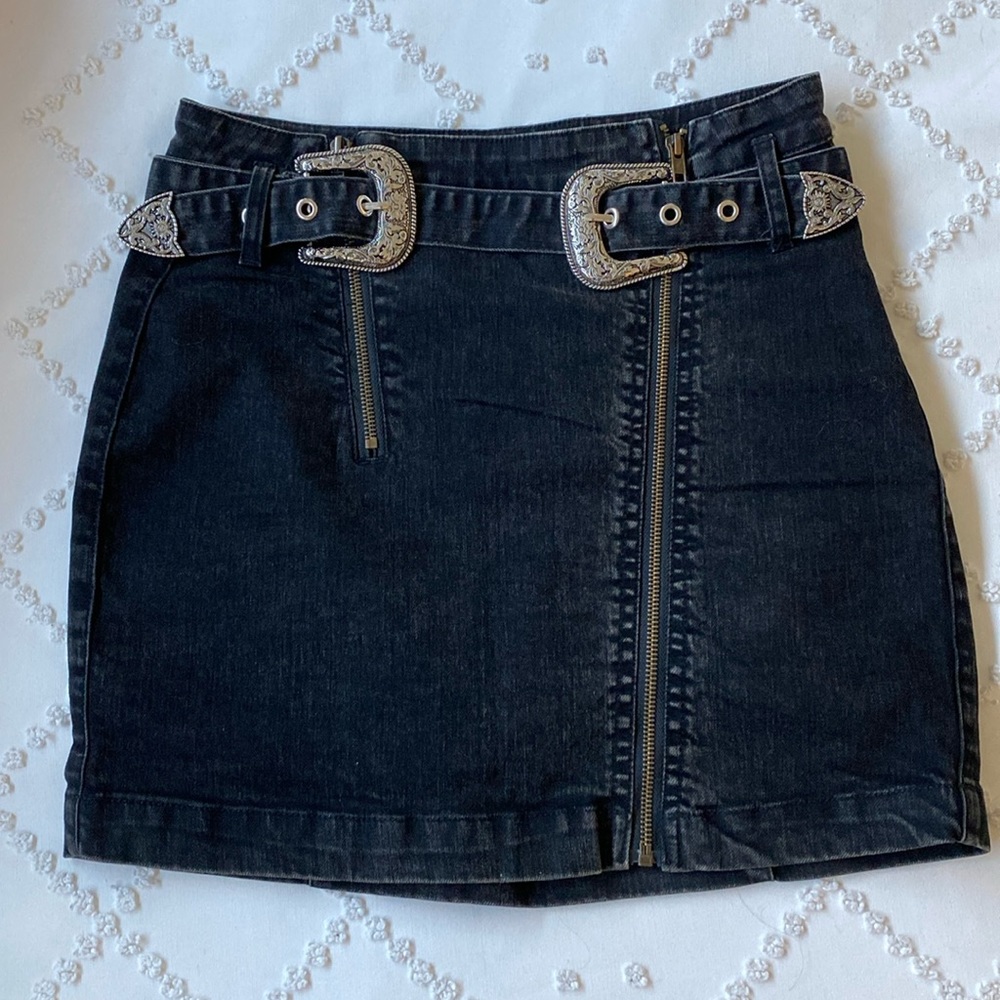 Signature8 Belted Stretch Denim Skirt, Black, Medium